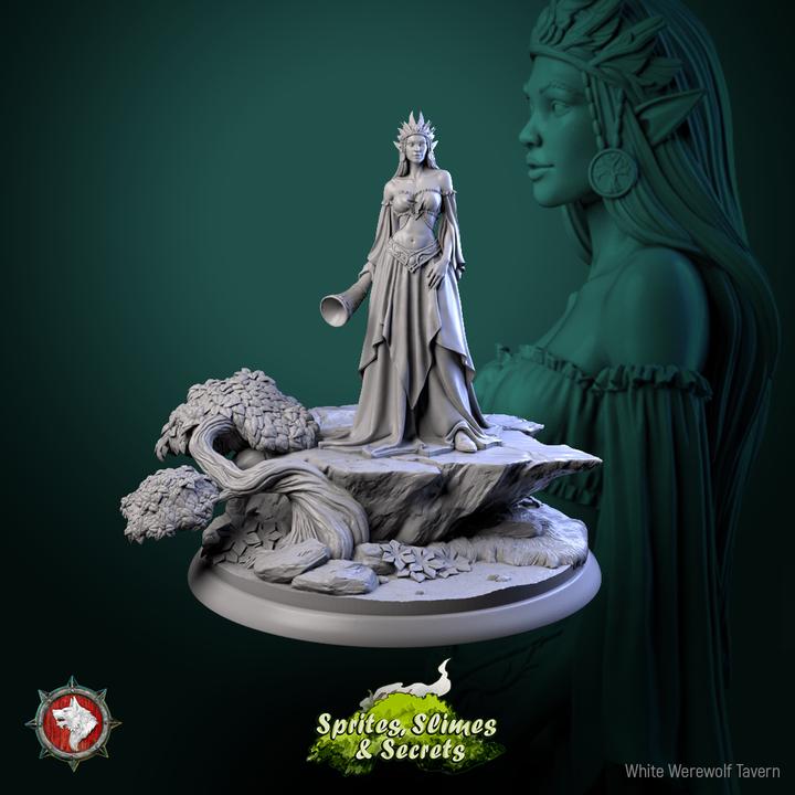 Elven Queen, Eiraina Silversprout - 32mm, 75mm Scale - Unpainted Miniature for DnD, Pathfinder, Tabletop RPGs - White Werewolf Tavern