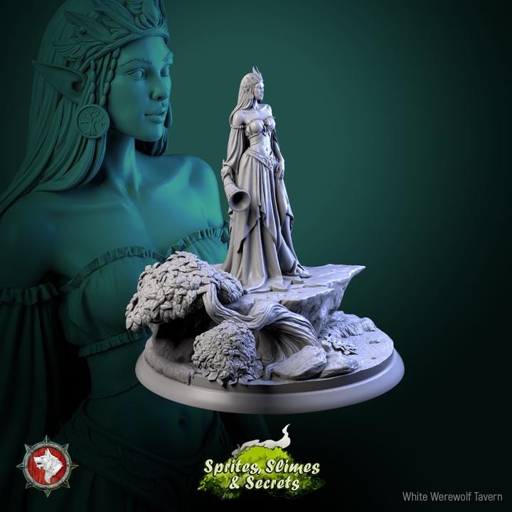 Elven Queen, Eiraina Silversprout - 32mm, 75mm Scale - Unpainted Miniature for DnD, Pathfinder, Tabletop RPGs - White Werewolf Tavern