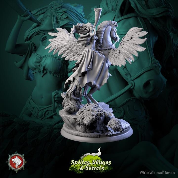 Queen Eiraina on Pegasus - 32mm Scale - Unpainted Miniature for DnD, Pathfinder, Tabletop RPGs, and Dioramas - White Werewolf Tavern