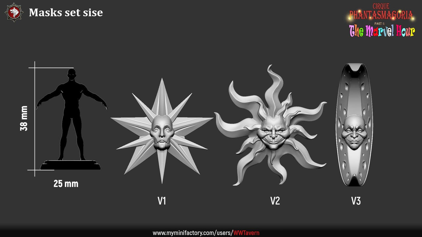 Circus Masks - 32mm Scale - Unpainted Miniature for DnD, Pathfinder, Tabletop RPGs, and Dioramas - White Werewolf Tavern