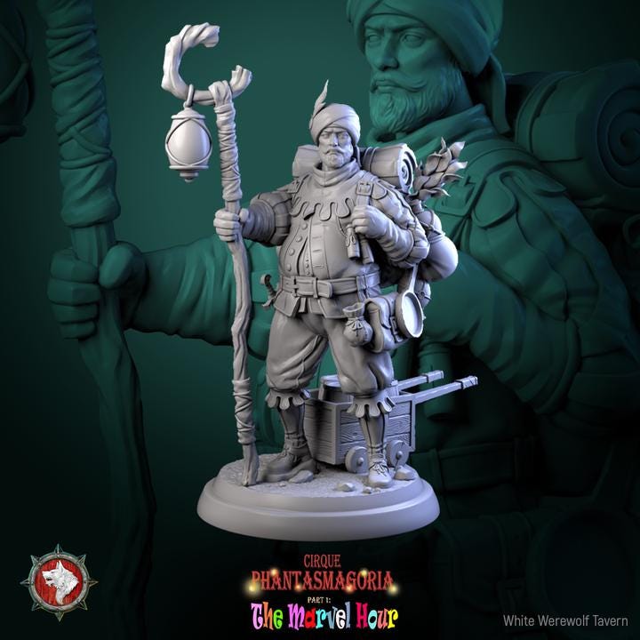 Human Merchant, Clatterjack Cobblecart - 32mm, 75mm Scale - Unpainted Miniature for DnD, Pathfinder, Tabletop RPGs - White Werewolf Tavern