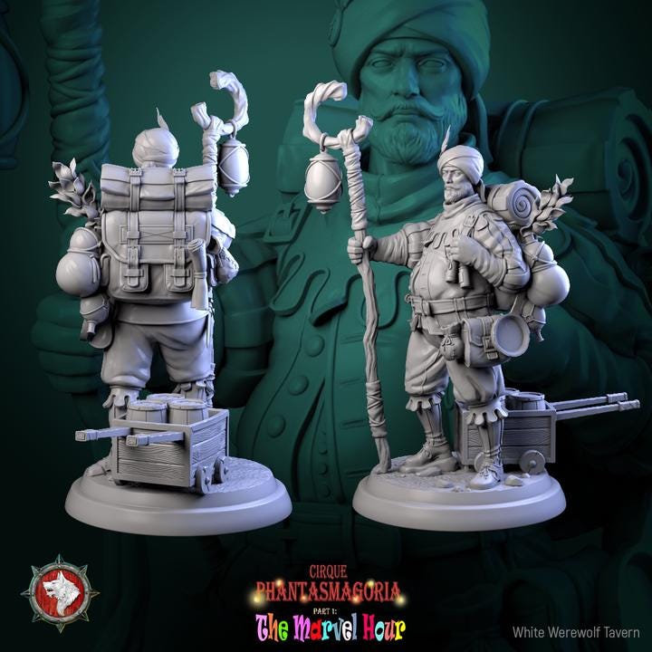 Human Merchant, Clatterjack Cobblecart - 32mm, 75mm Scale - Unpainted Miniature for DnD, Pathfinder, Tabletop RPGs - White Werewolf Tavern
