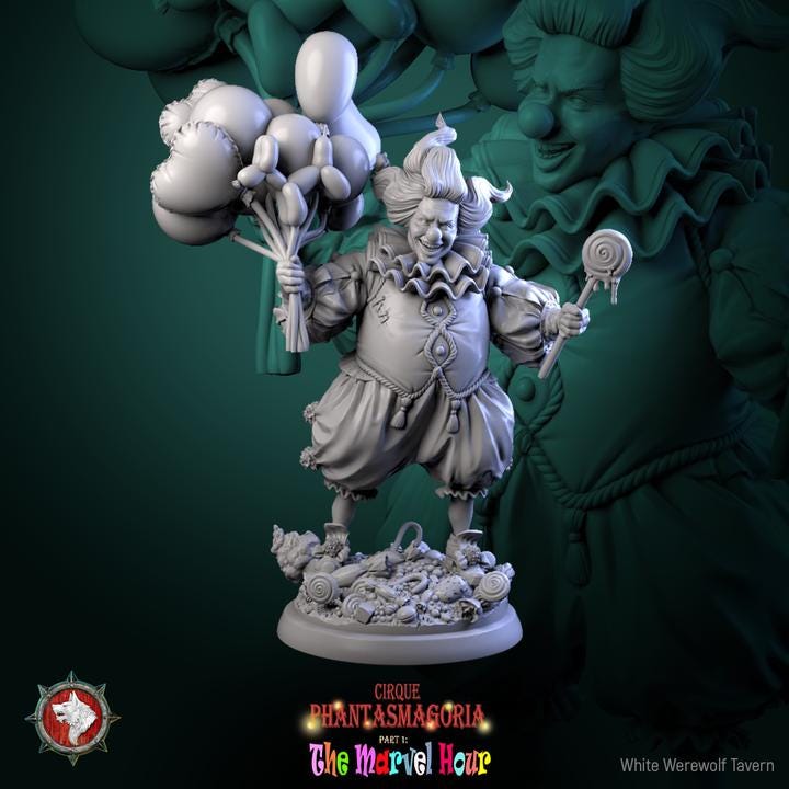 Clown with Balloons, Bibble the Bonbon Buffoon - 32mm Scale - Unpainted Miniature for DnD, Pathfinder, Tabletop RPGs - White Werewolf Tavern