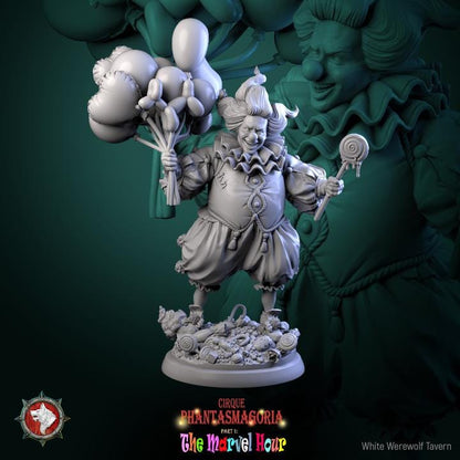 Clown with Balloons, Bibble the Bonbon Buffoon - 32mm Scale - Unpainted Miniature for DnD, Pathfinder, Tabletop RPGs - White Werewolf Tavern