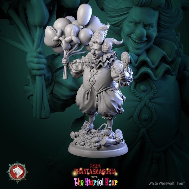 Clown with Balloons, Bibble the Bonbon Buffoon - 32mm Scale - Unpainted Miniature for DnD, Pathfinder, Tabletop RPGs - White Werewolf Tavern