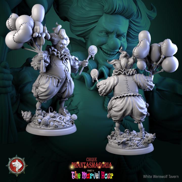 Clown with Balloons, Bibble the Bonbon Buffoon - 32mm Scale - Unpainted Miniature for DnD, Pathfinder, Tabletop RPGs - White Werewolf Tavern