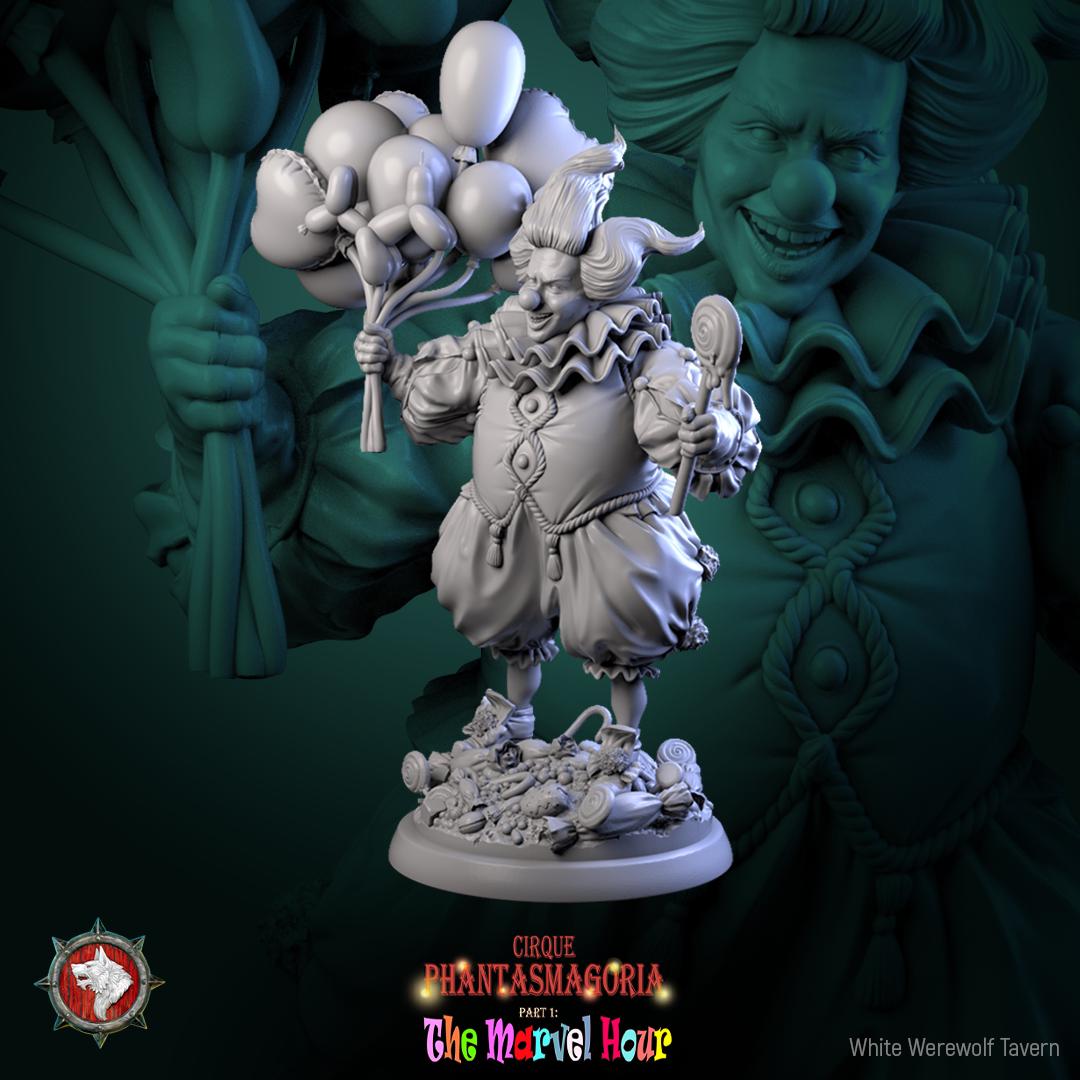 Clown with Balloons, Bibble the Bonbon Buffoon - 32mm Scale - Unpainted Miniature for DnD, Pathfinder, Tabletop RPGs - White Werewolf Tavern