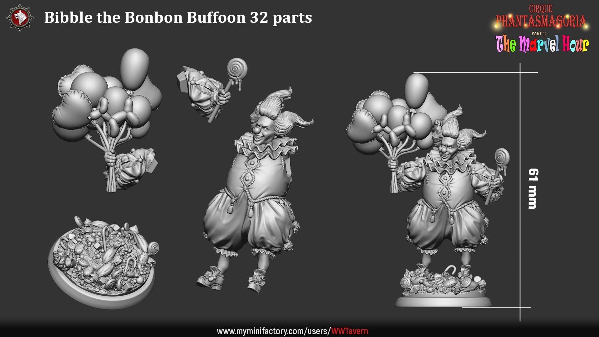 Clown with Balloons, Bibble the Bonbon Buffoon - 32mm Scale - Unpainted Miniature for DnD, Pathfinder, Tabletop RPGs - White Werewolf Tavern