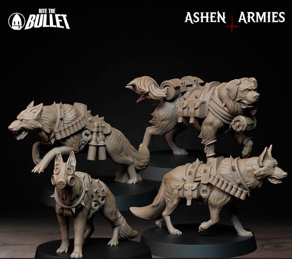 Combat Dogs - Bullet Crusade - 32mm, 35mm Scale - Unpainted Miniature for DnD, Pathfinder, Tabletop RPGs - Bite the Bullet