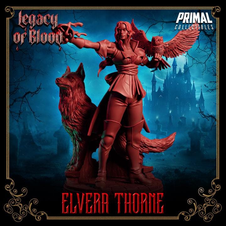 Wizard, Elvera Thorne, Legacy of Blood - 28mm, 32mm, 75mm Scale, Unpainted Miniature for DnD, Pathfinder, Tabletop RPGs, Primal Collectibles
