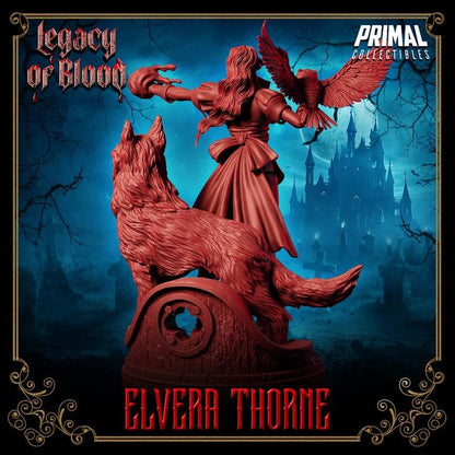 Wizard, Elvera Thorne, Legacy of Blood - 28mm, 32mm, 75mm Scale, Unpainted Miniature for DnD, Pathfinder, Tabletop RPGs, Primal Collectibles