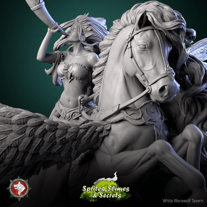 Queen Eiraina on Pegasus - 32mm Scale - Unpainted Miniature for DnD, Pathfinder, Tabletop RPGs, and Dioramas - White Werewolf Tavern