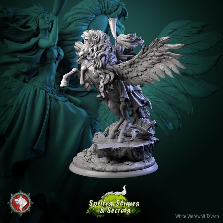 Queen Eiraina on Pegasus - 32mm Scale - Unpainted Miniature for DnD, Pathfinder, Tabletop RPGs, and Dioramas - White Werewolf Tavern