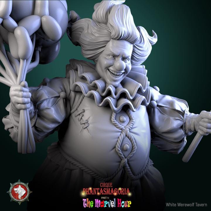 Clown with Balloons, Bibble the Bonbon Buffoon - 32mm Scale - Unpainted Miniature for DnD, Pathfinder, Tabletop RPGs - White Werewolf Tavern