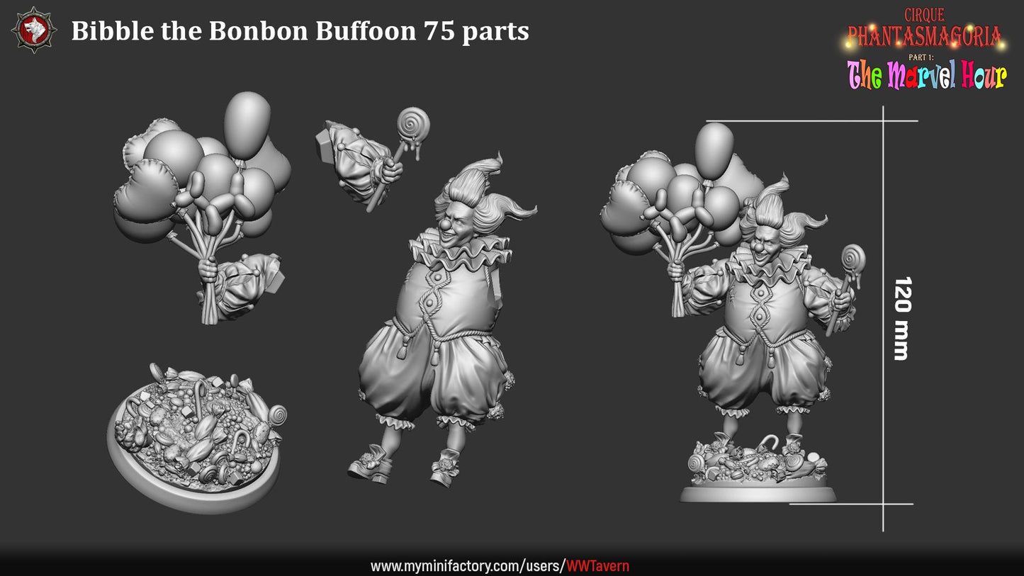 Clown with Balloons, Bibble the Bonbon Buffoon - 32mm Scale - Unpainted Miniature for DnD, Pathfinder, Tabletop RPGs - White Werewolf Tavern