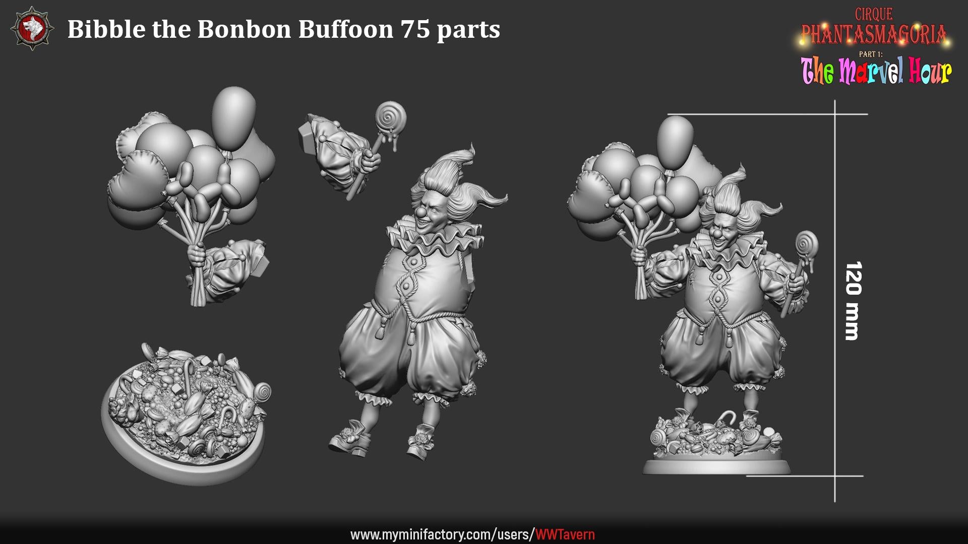 Clown with Balloons, Bibble the Bonbon Buffoon - 32mm Scale - Unpainted Miniature for DnD, Pathfinder, Tabletop RPGs - White Werewolf Tavern