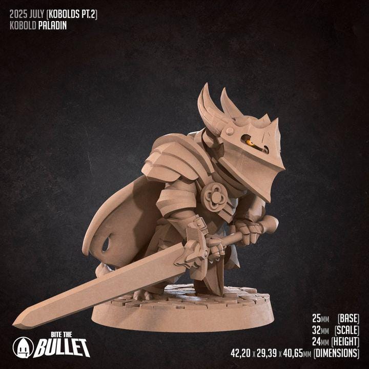 Kobold Paladin - 32mm, 35mm Scale - Unpainted Miniature for DnD, Pathfinder, Tabletop RPGs - Bite the Bullet