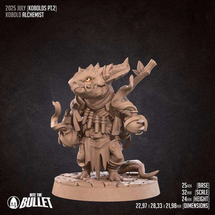 Kobold Alchemist with Flasks - 32mm, 35mm Scale - Unpainted Miniature for DnD, Pathfinder, Tabletop RPGs - Bite the Bullet