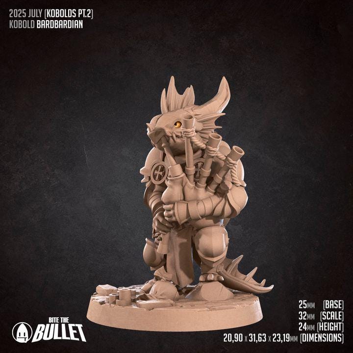 Kobold Bardbarian with Bagpipes - 32mm, 35mm Scale - Unpainted Miniature for DnD, Pathfinder, Tabletop RPGs - Bite the Bullet