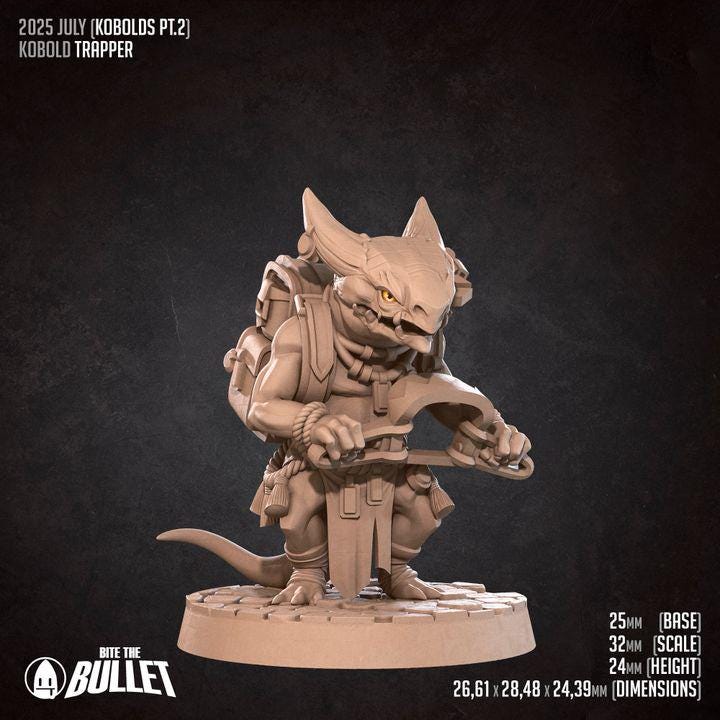 Kobold Trapper - 32mm, 35mm Scale - Unpainted Miniature for DnD, Pathfinder, Tabletop RPGs - Bite the Bullet