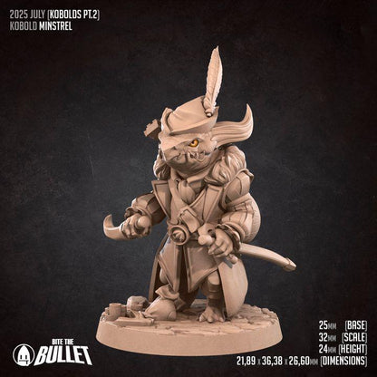 Kobold Minstrel - 32mm, 35mm Scale - Unpainted Miniature for DnD, Pathfinder, Tabletop RPGs - Bite the Bullet