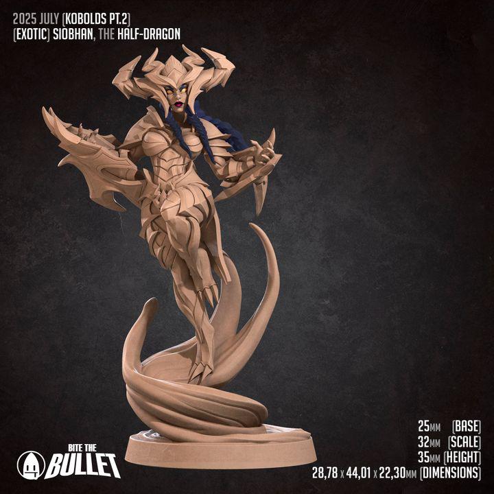 Siobhan, the Half Dragon - Pinup - 32mm, 35mm Scale - Unpainted Miniature for DnD, Pathfinder, Tabletop RPGs - Bite the Bullet