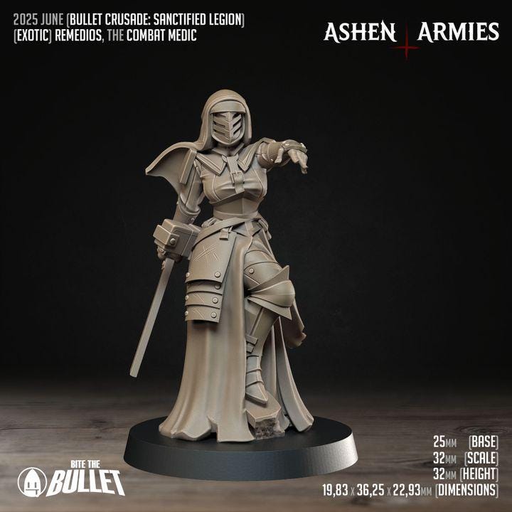 Remedios, Combat Medic - Bullet Crusade Pinup - 32mm, 35mm Scale - Unpainted Miniature for DnD, Pathfinder, Tabletop RPGs - Bite the Bullet