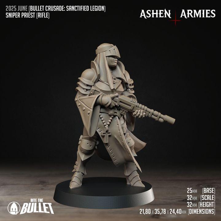 Sniper Priest - Bullet Crusade - 32mm, 35mm Scale - Unpainted Miniature for DnD, Pathfinder, Tabletop RPGs - Bite the Bullet