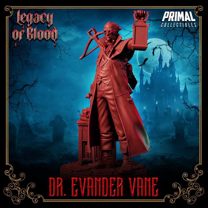 Dr. Evander Vane, Legacy of Blood - 28mm, 32mm, 75mm Scale - Unpainted Miniature for DnD, Pathfinder, Tabletop RPGs - Primal Collectibles
