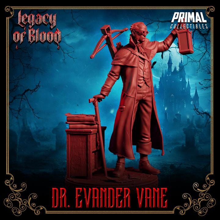Dr. Evander Vane, Legacy of Blood - 28mm, 32mm, 75mm Scale - Unpainted Miniature for DnD, Pathfinder, Tabletop RPGs - Primal Collectibles