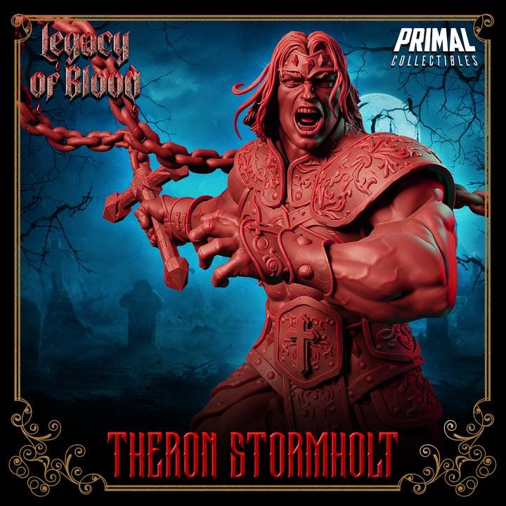 Theron Stormholt, Legacy of Blood - 28mm, 32mm, 75mm Scale - Unpainted Miniature for DnD, Pathfinder, Tabletop RPGs - Primal Collectibles