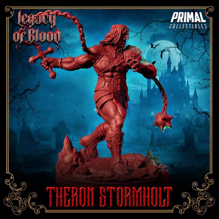 Theron Stormholt, Legacy of Blood - 28mm, 32mm, 75mm Scale - Unpainted Miniature for DnD, Pathfinder, Tabletop RPGs - Primal Collectibles