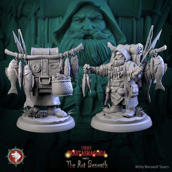 Gorvin Gristlehook, The Drift-meat Dealer, Dwarven Fishmonger - 32mm, 75mm Scale - Unpainted Miniature for DnD, Pathfinder, Tabletop RPGs