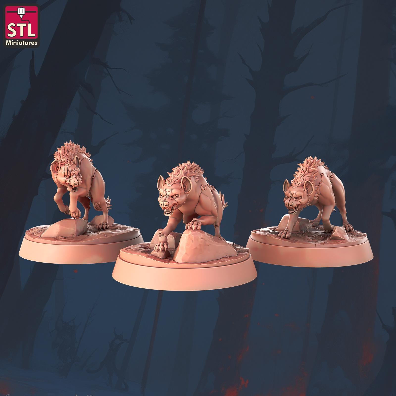 Hyenas - 32mm Scale - Unpainted Miniature for DnD, Pathfinder, Tabletop RPGs - STL Miniatures