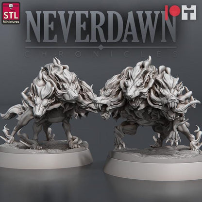 Cerberus, Flame Hounds - Pyromancers Set - Neverdawn - 32mm Scale - Unpainted Miniature for DnD, Pathfinder, Tabletop RPGs - STL Miniatures