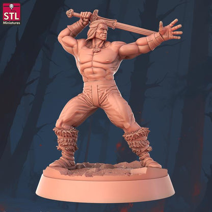Human Barbarian, Practicing- Barbarian Camp Set - 32mm Scale - Unpainted Miniature for DnD, Pathfinder, Tabletop RPGs