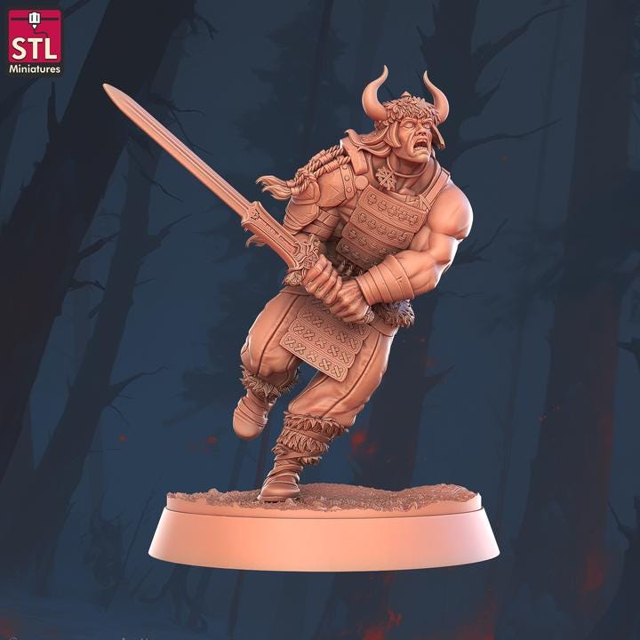 Human Barbarian, Attacking - Barbarian Camp Set - 32mm Scale - Unpainted Miniature for DnD, Pathfinder, Tabletop RPGs