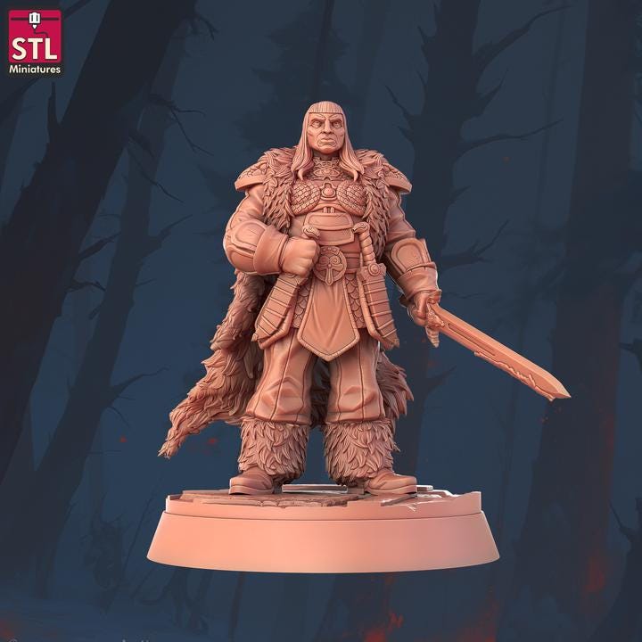 Human Barbarian with Swords - Barbarian Camp Set - 32mm Scale - Unpainted Miniature for DnD, Pathfinder, Tabletop RPGs
