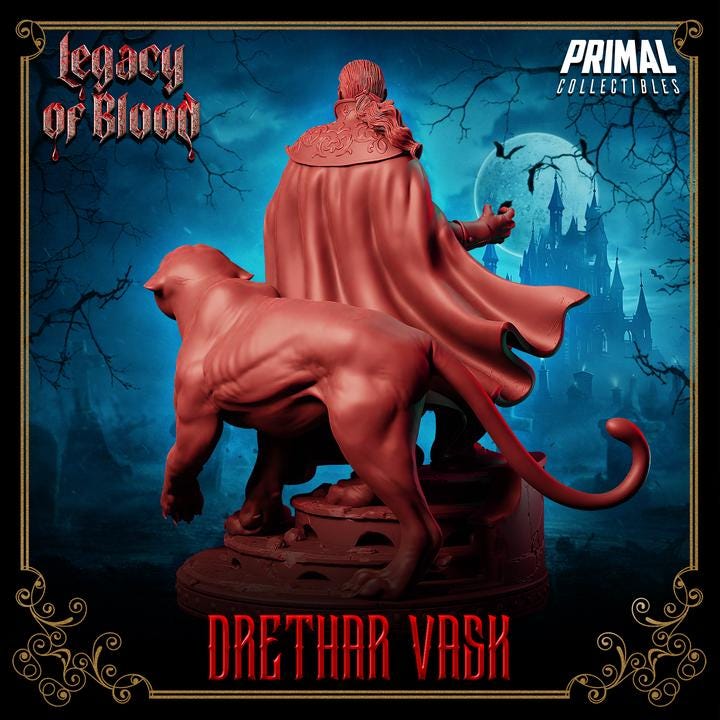 Vampire Baron, Drethar Vask, Legacy of Blood - 28mm, 32mm, 75mm Scale - Unpainted Miniature for DnD, Pathfinder, Tabletop RPGs