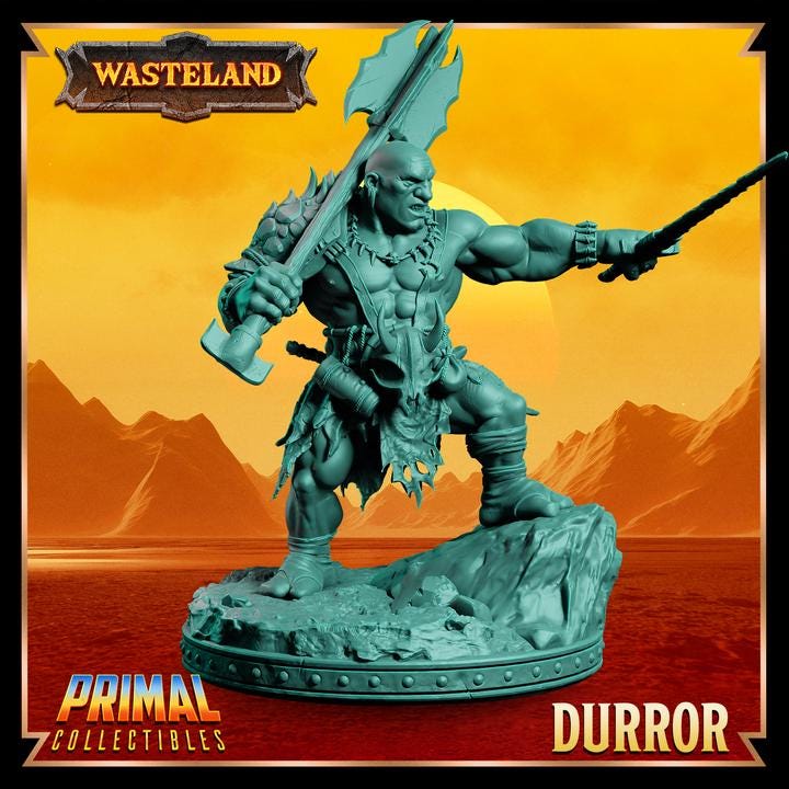 Male Dwarf Barbarian, Durror - Wasteland Set - 28mm, 32mm, 75mm Scale - Unpainted Miniature for DnD, Pathfinder, Tabletop RPGs