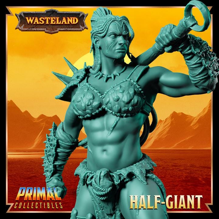 Female Half Giant Barbarian - Wasteland Set - 28mm, 32mm, 75mm Scale - Unpainted Miniature for DnD, Pathfinder, Tabletop RPGs