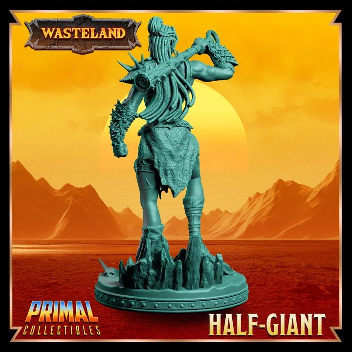 Female Half Giant Barbarian - Wasteland Set - 28mm, 32mm, 75mm Scale - Unpainted Miniature for DnD, Pathfinder, Tabletop RPGs
