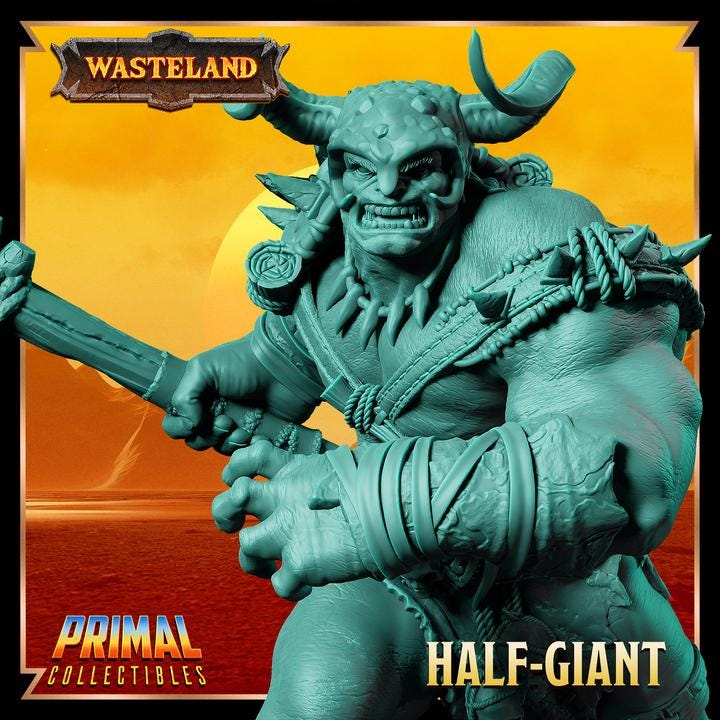 Male Half Giant Barbarian - Wasteland Set - 28mm, 32mm, 75mm Scale - Unpainted Miniature for DnD, Pathfinder, Tabletop RPGs