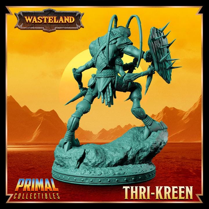 Thri-Kreen, Wasteland Set - 28mm, 32mm, 75mm Scale - Unpainted Miniature for DnD, Pathfinder, Tabletop RPGs & Dioramas - Primal Collectibles