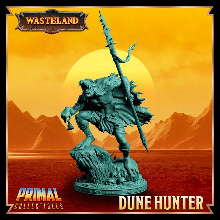 Dune Hunter, Wasteland Set - 28mm, 32mm, 75mm Scale - Unpainted Miniature for DnD, Pathfinder, Tabletop RPGs