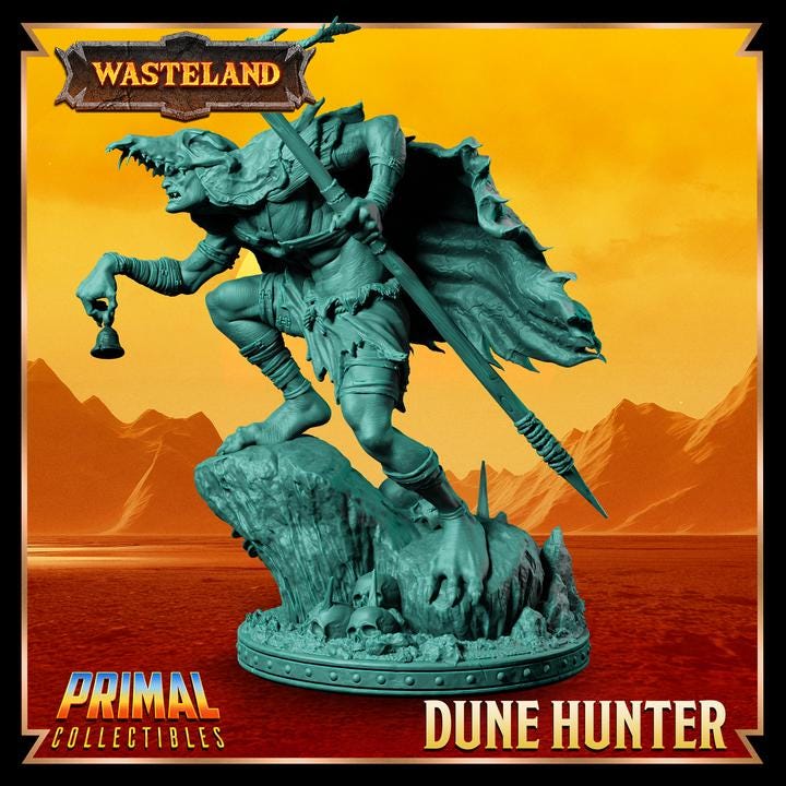 Dune Hunter, Wasteland Set - 28mm, 32mm, 75mm Scale - Unpainted Miniature for DnD, Pathfinder, Tabletop RPGs