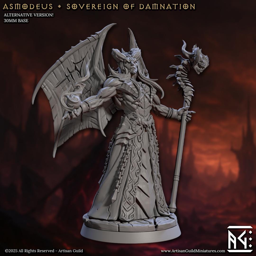 Tiefling Warlock, Asmodeus, Sovereign of Damnation - Infernal Legion - 32mm Scale - Unpainted Mini for DnD, Pathfinder, Tabletop RPGs