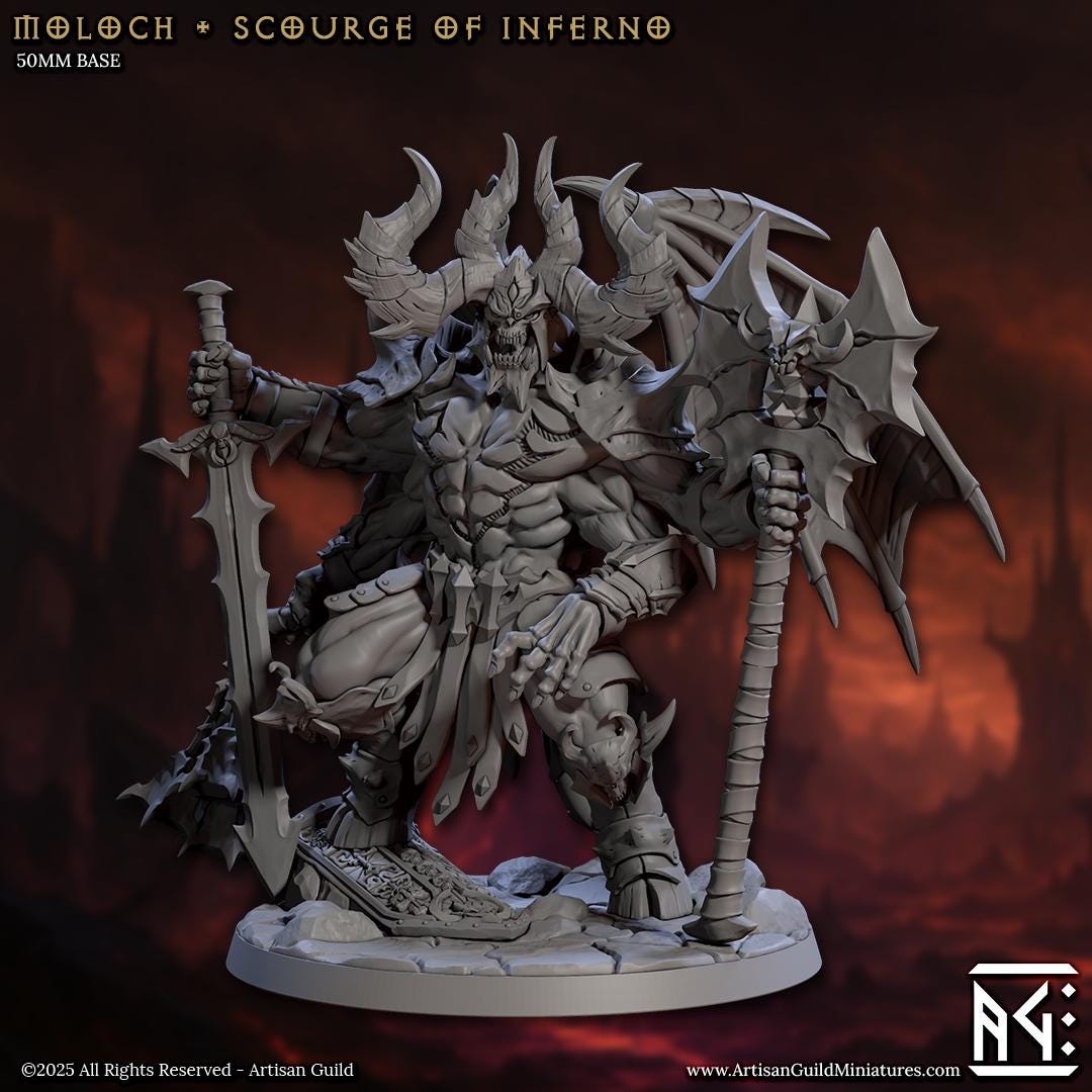 Moloch, Scourge of the Inferno - Infernal Legion - 32mm Scale - Unpainted Miniature for DnD, Pathfinder, Tabletop RPGs - Artisan Guild