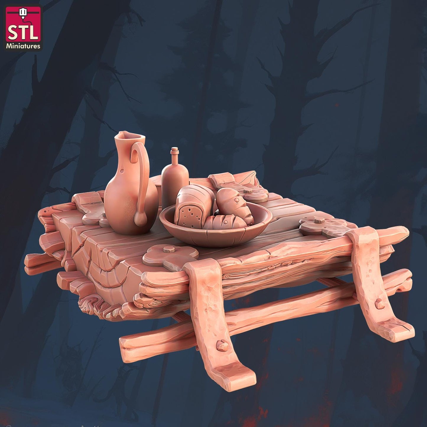 Rustic Table - Halfling Hostel Set - 32mm Scale - Unpainted Miniature for DnD, Pathfinder, Tabletop RPGs, Dioramas - STL Miniatures