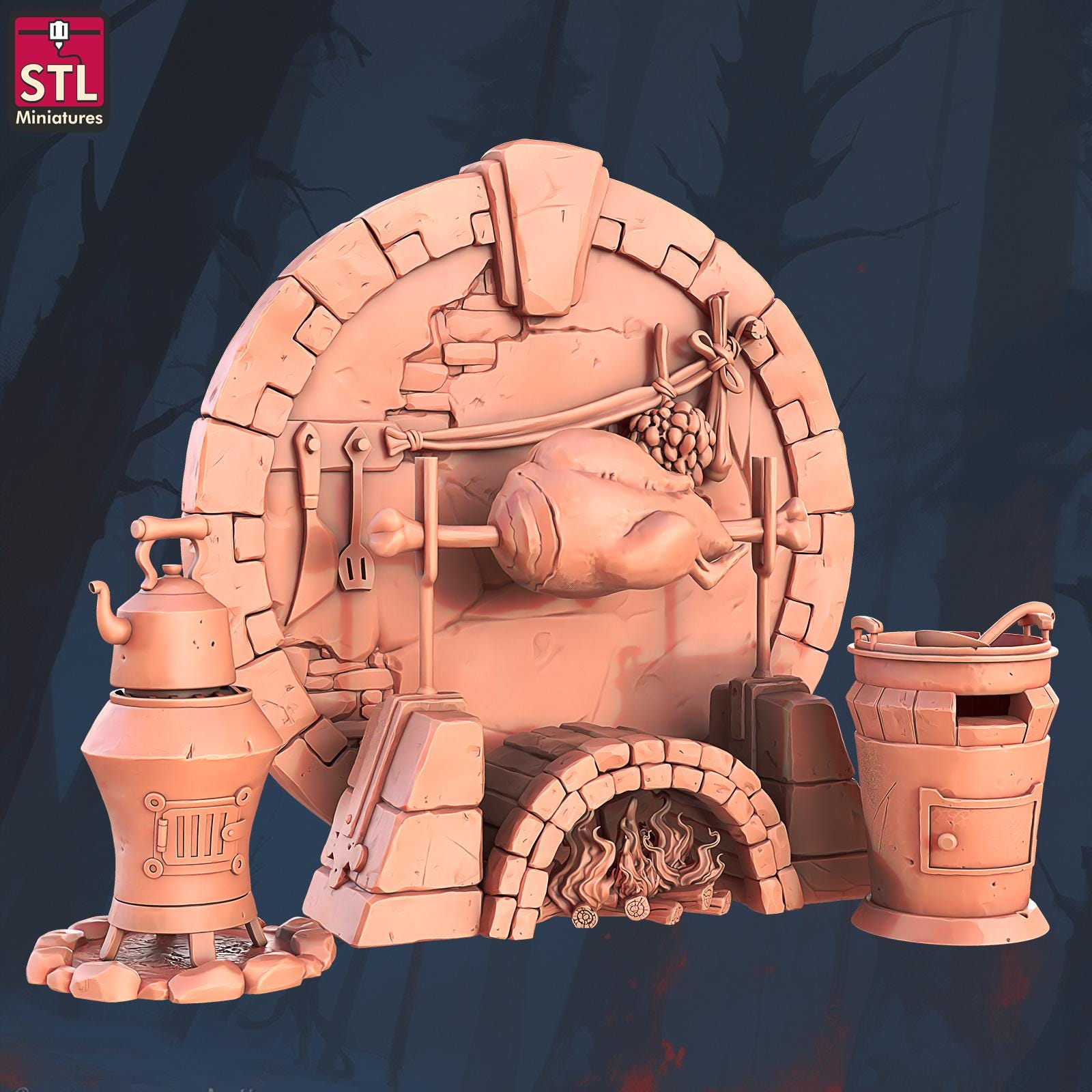 Kitchen - Halfling Hostel Set - 32mm Scale - Unpainted Miniature for DnD, Pathfinder, Tabletop RPGs, Dioramas - STL Miniatures